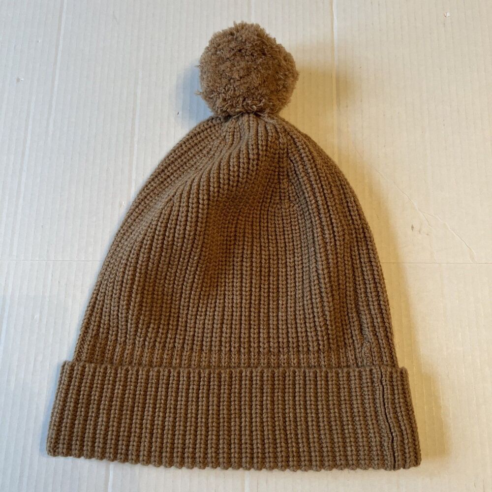 LUXTON Sz L Women's Ribbed 90%Wool 10%Cashmere Pom Pom Beanie Hat Camel NWOT